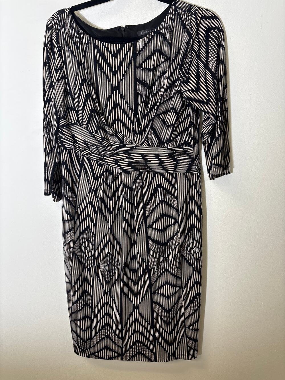 David Meister Black White Geo Print 3/4 Sleeve Knee Length Dress Sz 10